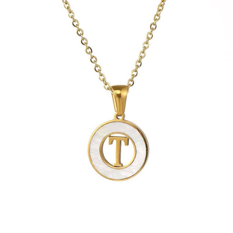 Circular Hollow Shell Initial Pendant Necklace: T