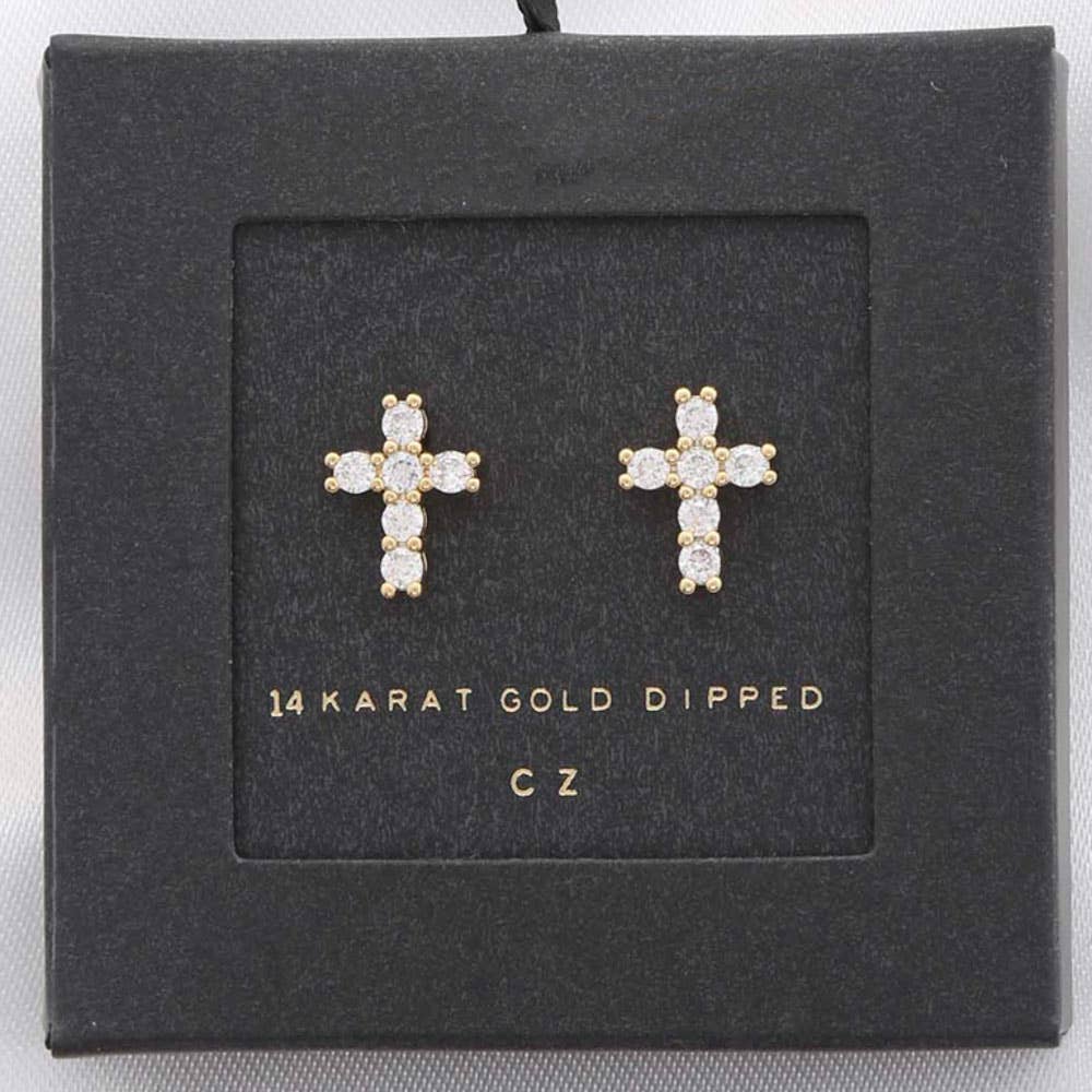 CZ Cross 14k Gold Dipped Stud Earrings