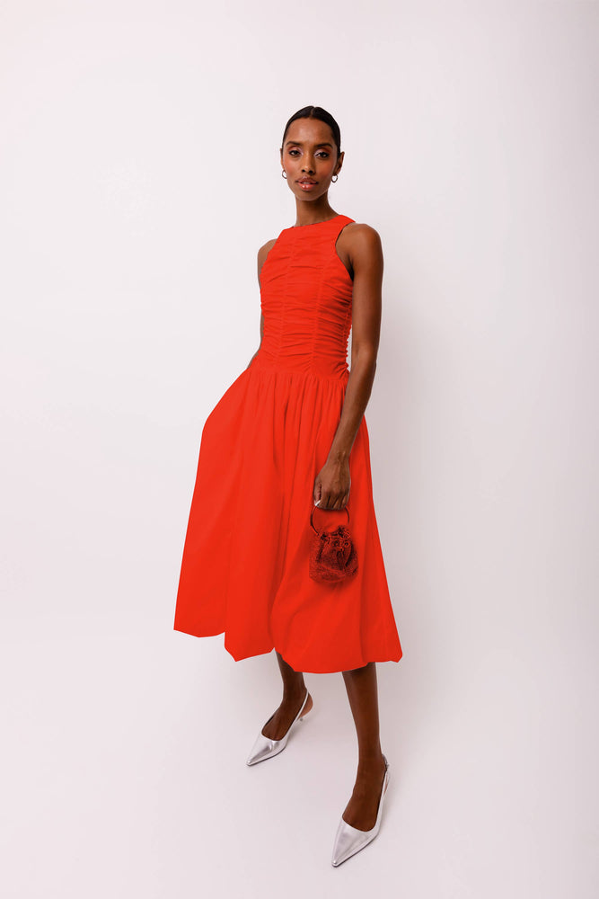 Elodie A Line Ruched Top Sleeveless Midi Dress