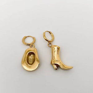 Western Cowgirl Hat Boot Golden Asymmetric Huggie Earrings