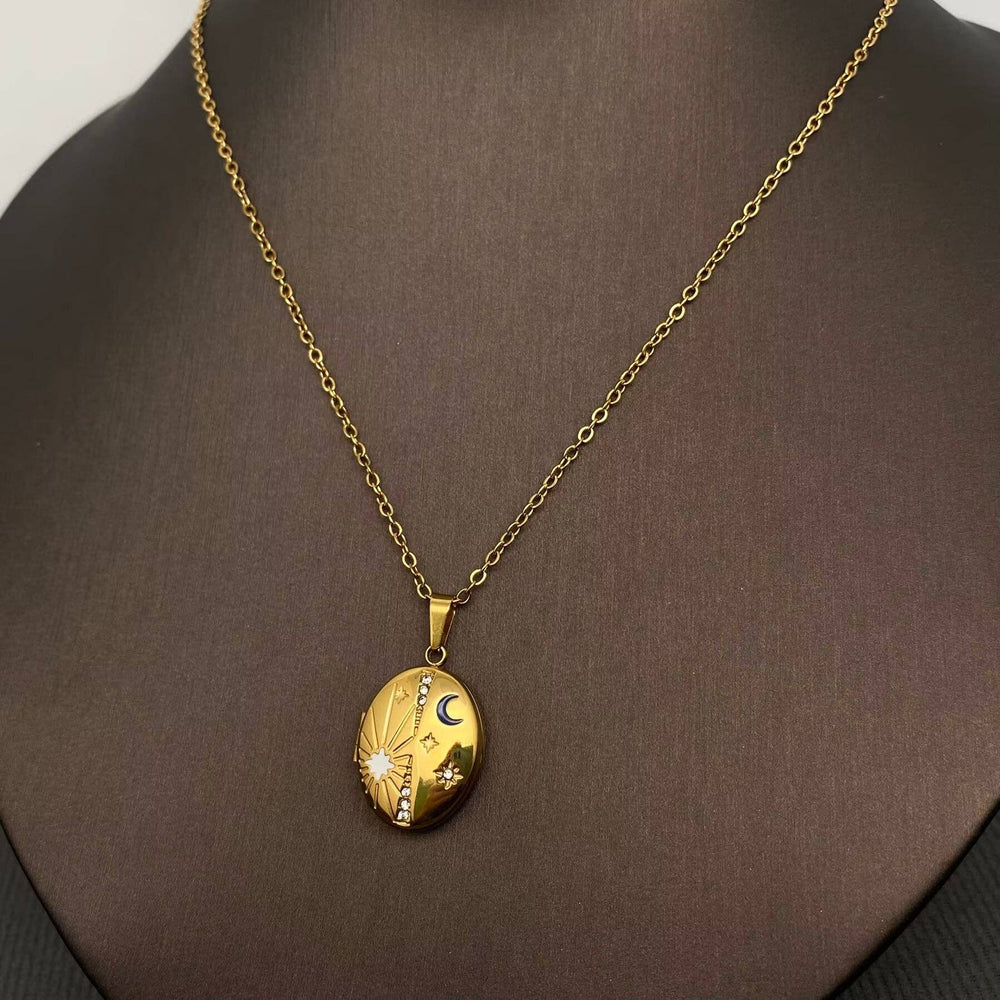 Star Moon Locket Charm 18K Gold Necklace
