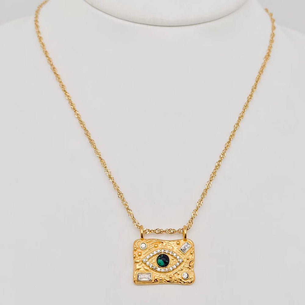Square Evil Eye Gold Plated Stainless Steel Necklace