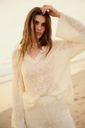 Geometric Crochet-Knit V-Neck Bell-Sleeve Sweater