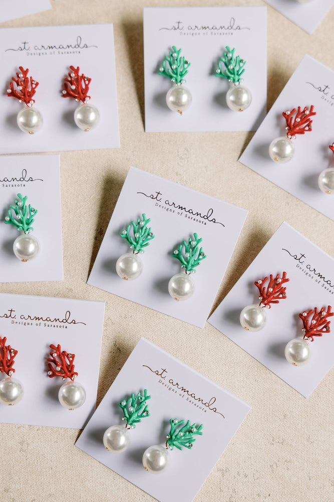 St Armands Designs of Sarasota - Pearl and Turquoise Coral Mini Statement Earrings