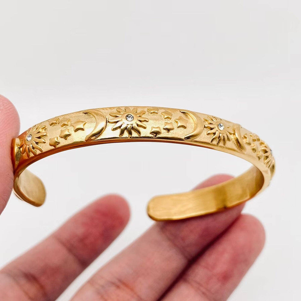 18K Gold Plated Stainless Steel Star Moon Sun Cuff