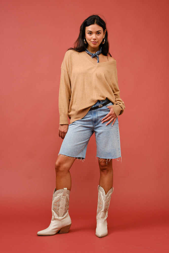 Tan Cashmere V-Neck Sweater