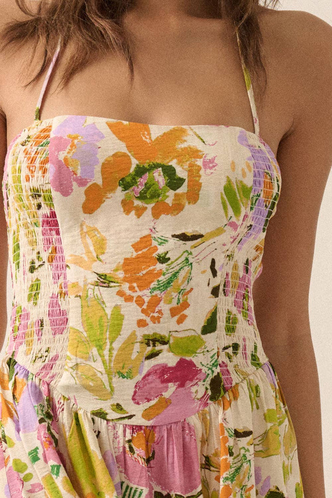 Textured Floral Smocked Halter Midi Dress