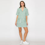 Green & White Stripe French Boucle Shirts Mini Dress-
