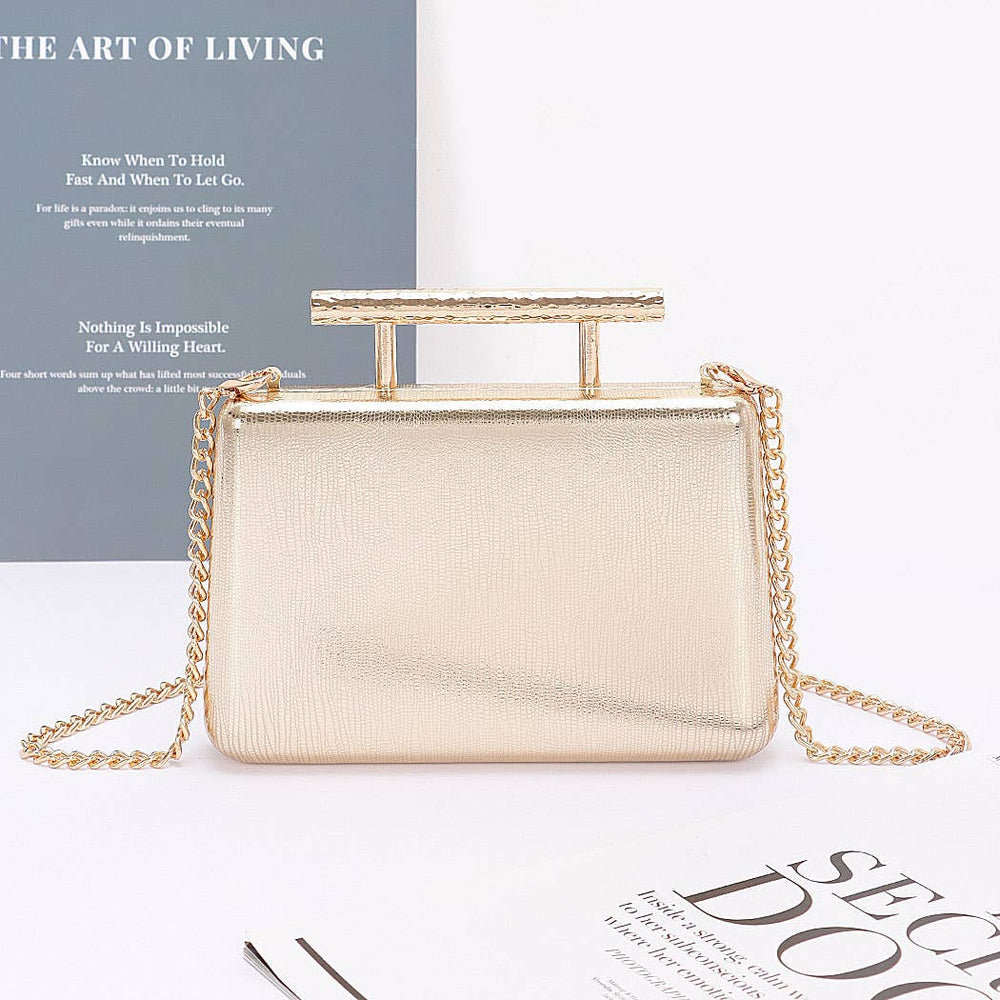 Metal Handle Top Case Clutch: Gold