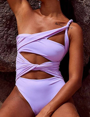 Lilac One Shoulder Cut Out Swimsuit