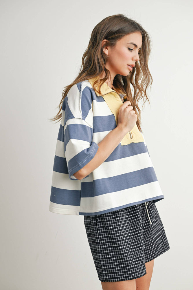 Oversized Striped Zip-Up Polo Shirt