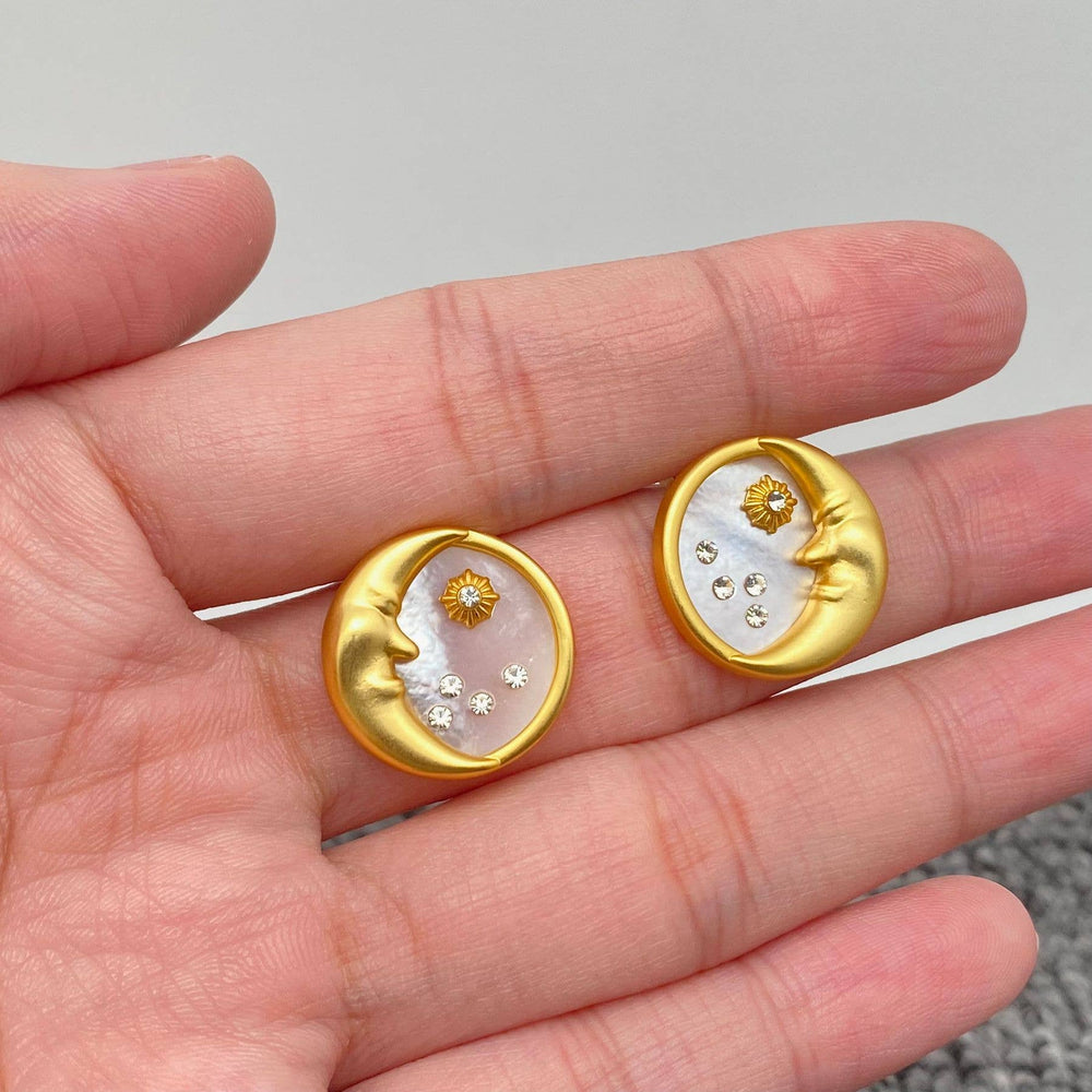 Inlaid CZ & Shell 18K Gold Plated Moon Ear Studs
