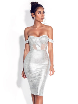 Irreplaceable Off Shoulder Silver Metallic Dress