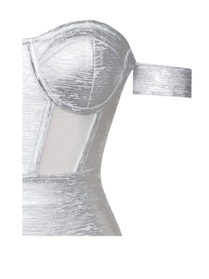 Irreplaceable Off Shoulder Silver Metallic Dress
