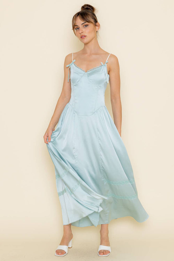 Mint Satin Lace Trim Midi Dress