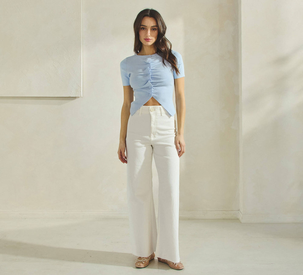 Button Pleated Split Knit Top: Sky