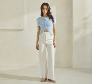 Button Pleated Split Knit Top: Sky