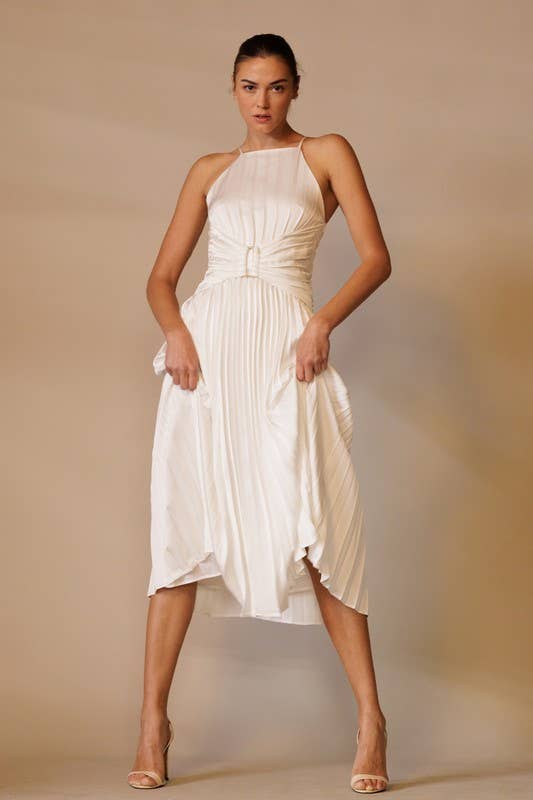 Marilyn White Pleated Midi Dress