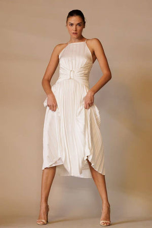 Marilyn White Pleated Midi Dress