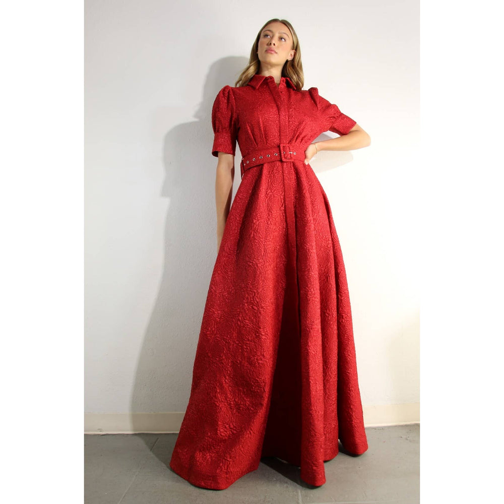 Rose Embossed Belted Maxi Dress