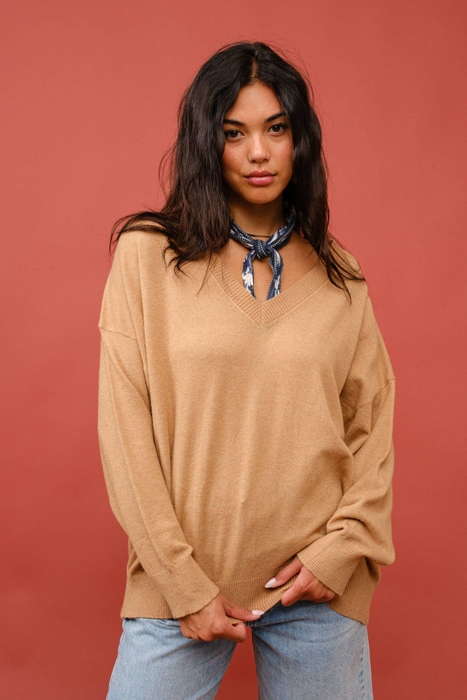 Tan Cashmere V-Neck Sweater