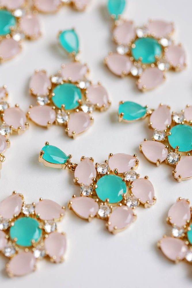 St Armands Designs of Sarasota - Pink and Turquoise Diamond Pinwheel Statement Earrings