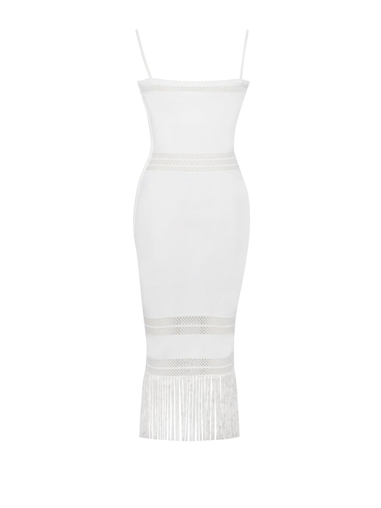 Soraya White Knit Crochet Fringe Midi Dress