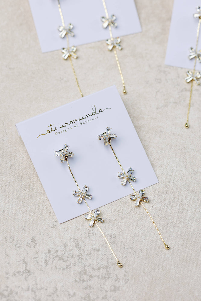 St Armands Designs of Sarasota - Diamond Bow Gold Duster Drop Earrings