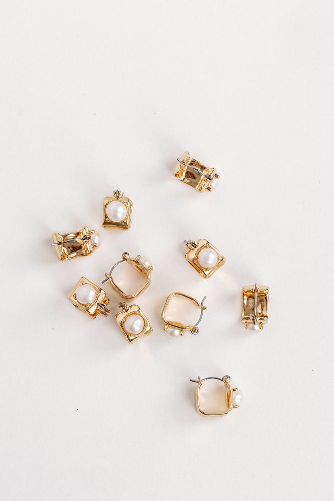 St Armands Designs of Sarasota - Vintage Mini Square Gold Pearl Huggie Hoop Earrings