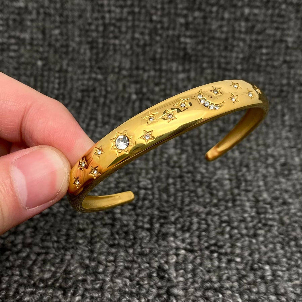 Inlaid CZ Sun Moon Star 18K Gold Plated Cuff