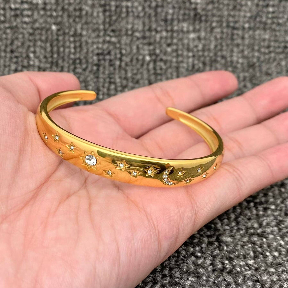Inlaid CZ Sun Moon Star 18K Gold Plated Cuff