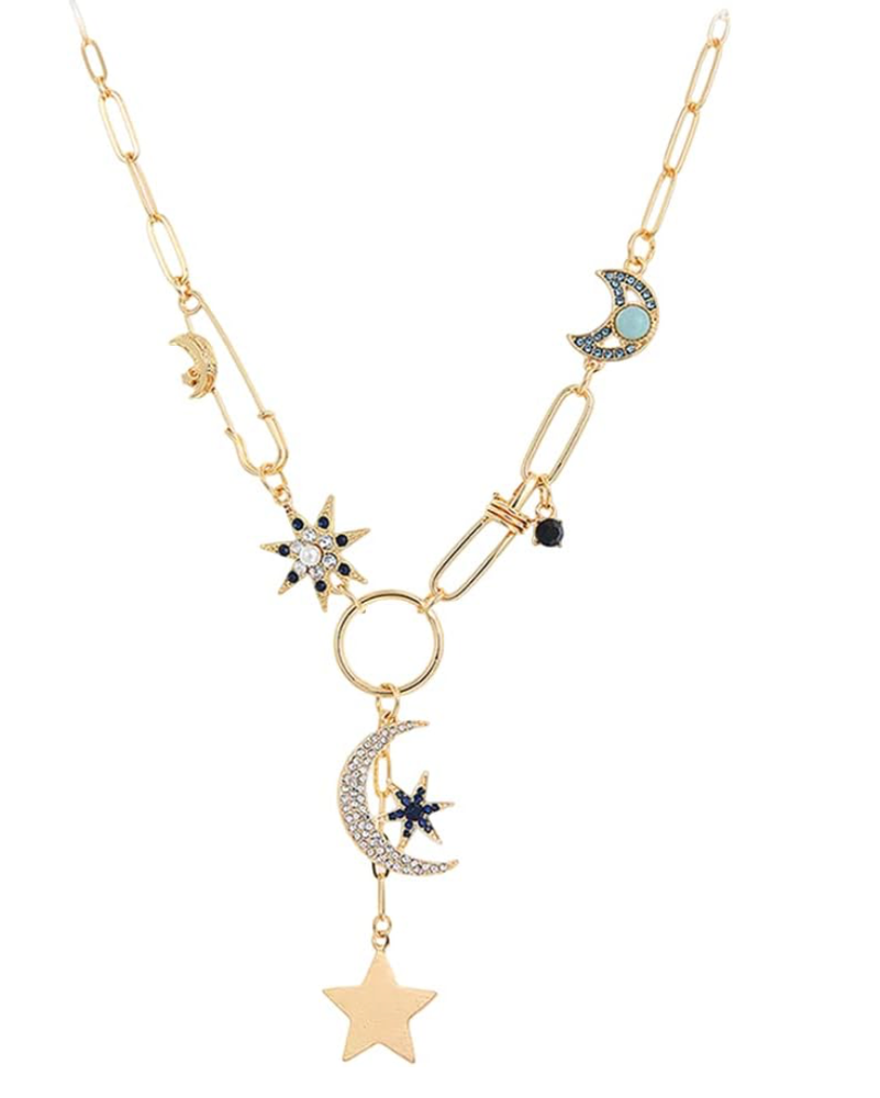 HoopLa - Celestial Coin Charm Hamsa Necklace Lariat Moon