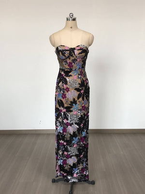 Elegant Floral Sequin Embroidered Mesh Tube Top Dress