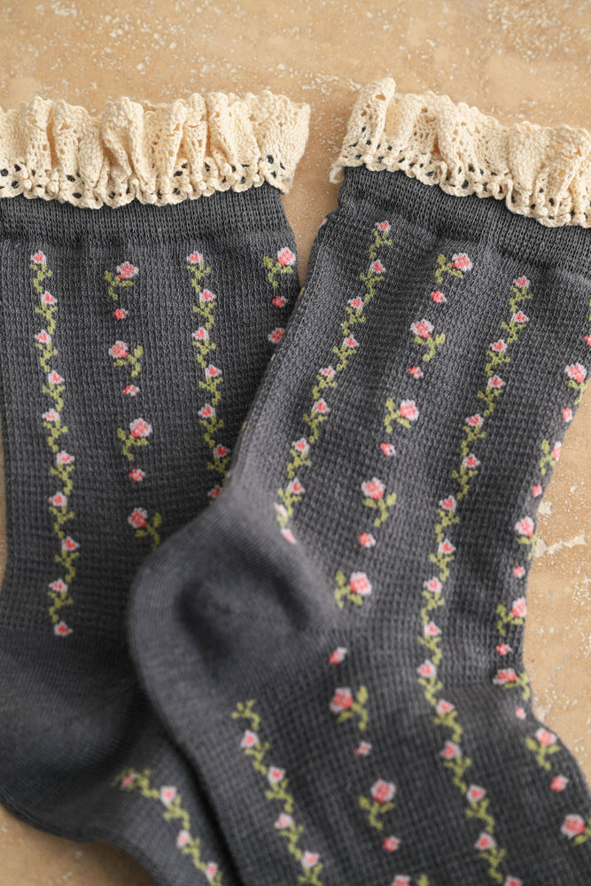 Charcoal Floral Print Crochet Trim Socks