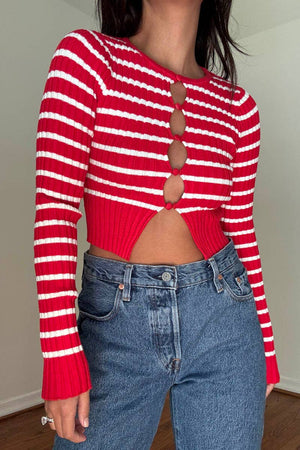 Candy Stripe Knit Keyhole Button Sweater