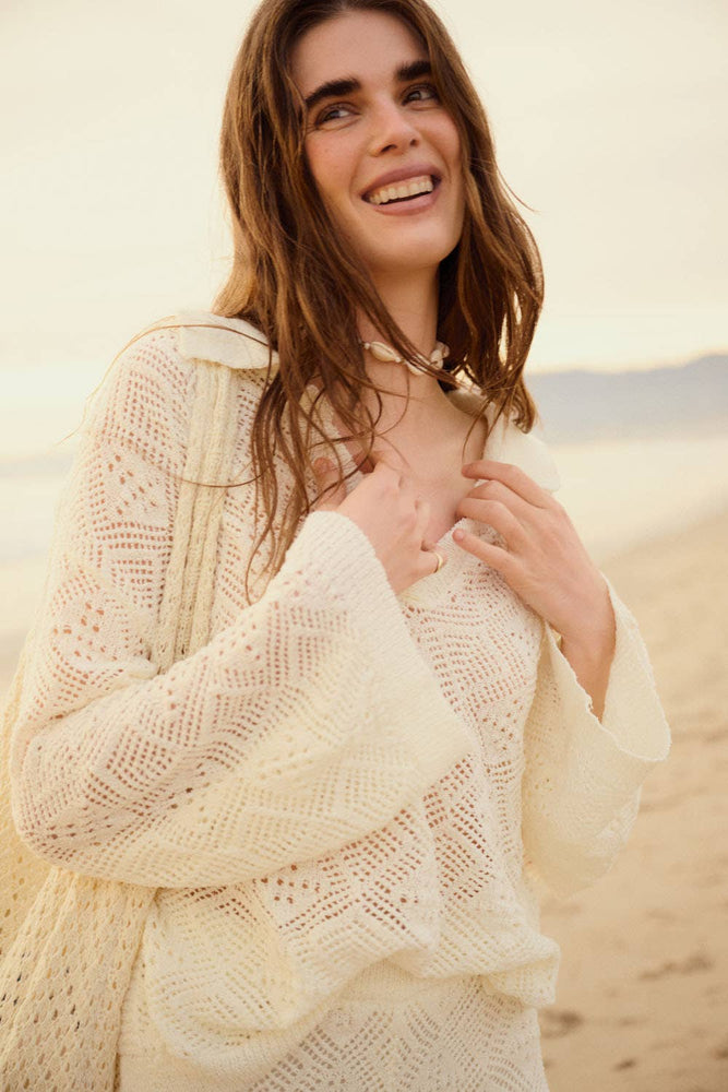 Geometric Crochet-Knit V-Neck Bell-Sleeve Sweater