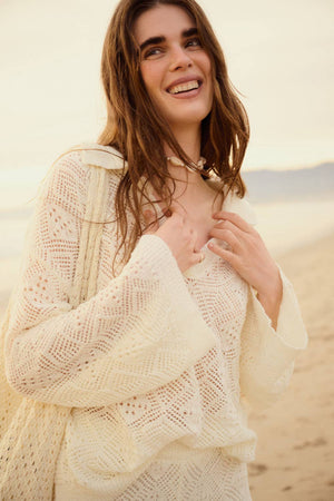 Geometric Crochet-Knit V-Neck Bell-Sleeve Sweater