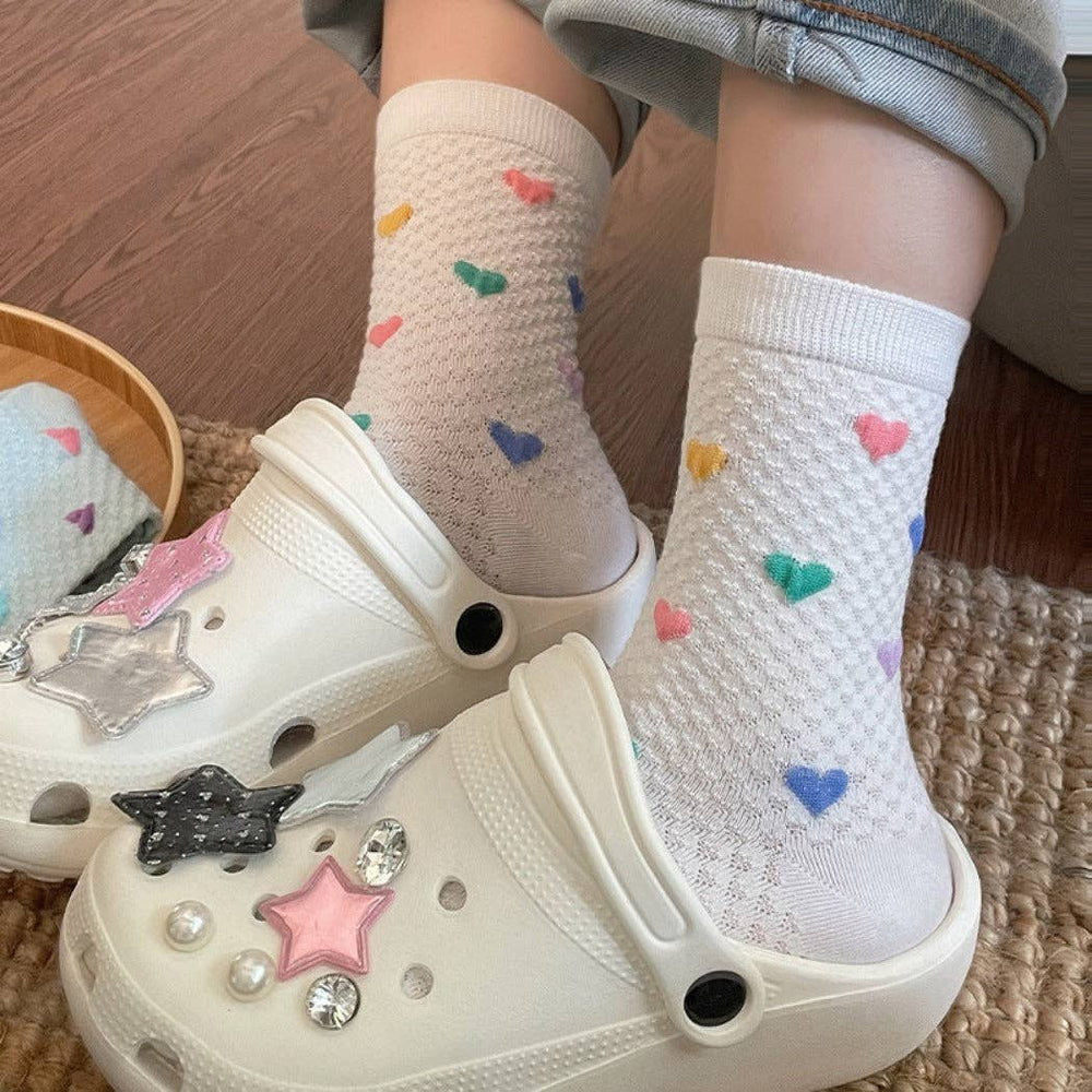 White Summer Colorful Heart Socks