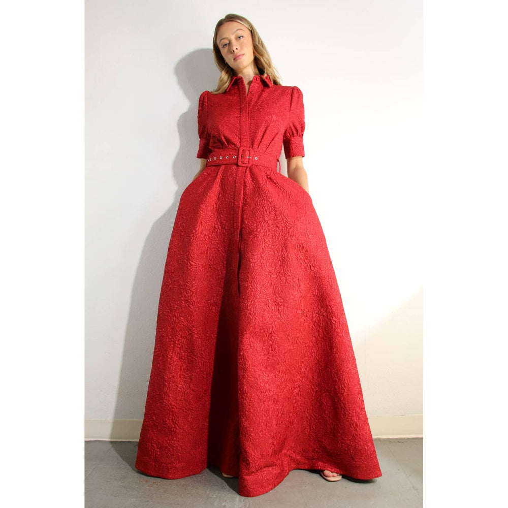 Rose Embossed Belted Maxi Dress