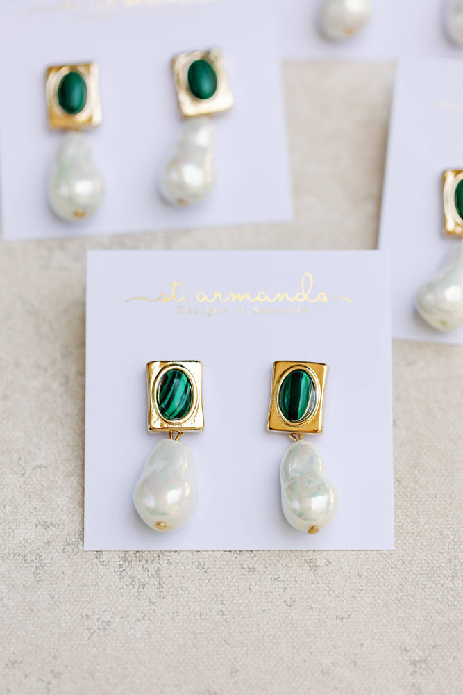 St Armands Designs of Sarasota - Vintage Square Malachite and Natural Pearl Drop Earrings