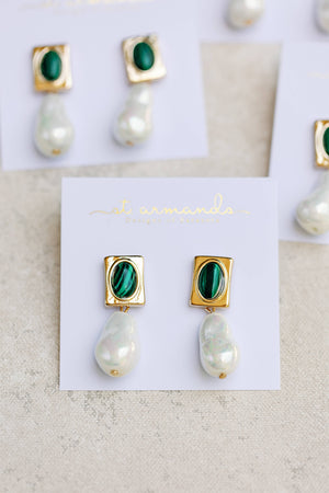 St Armands Designs of Sarasota - Vintage Square Malachite and Natural Pearl Drop Earrings