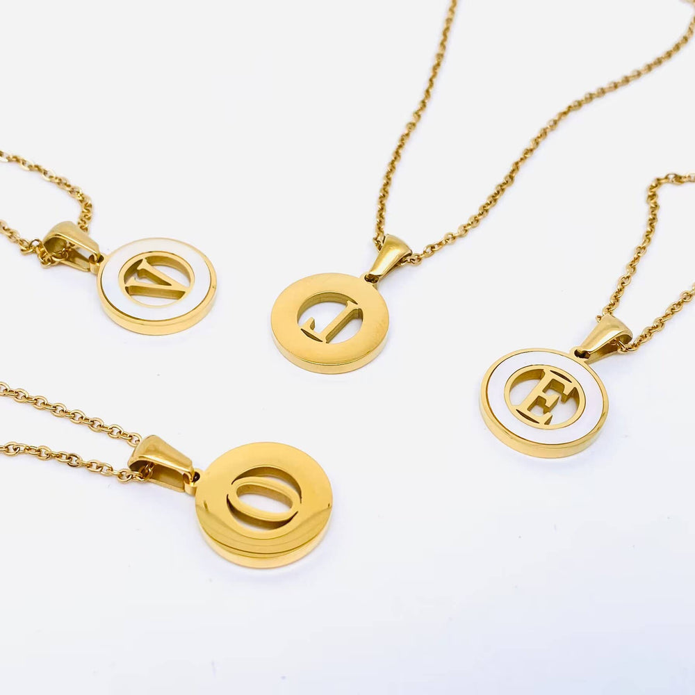 Circular Hollow Shell Initial Pendant Necklace: R