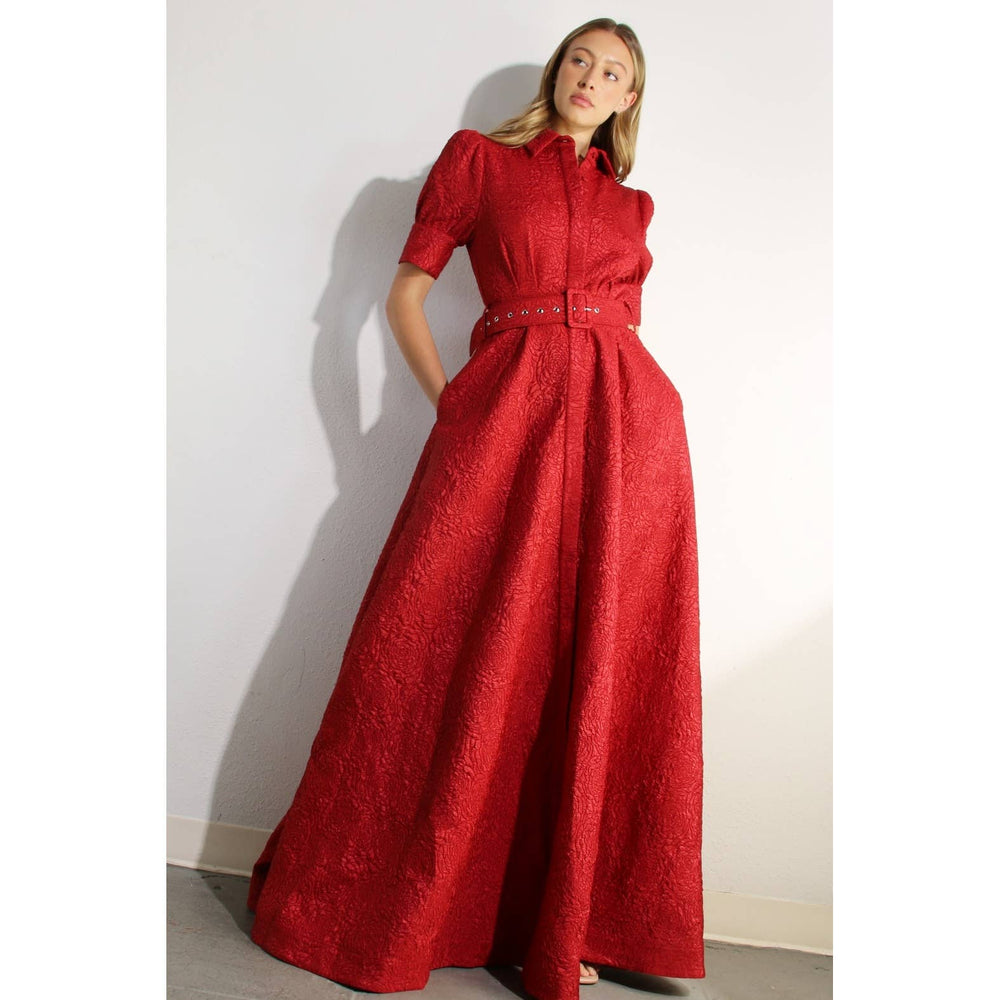 Rose Embossed Belted Maxi Dress