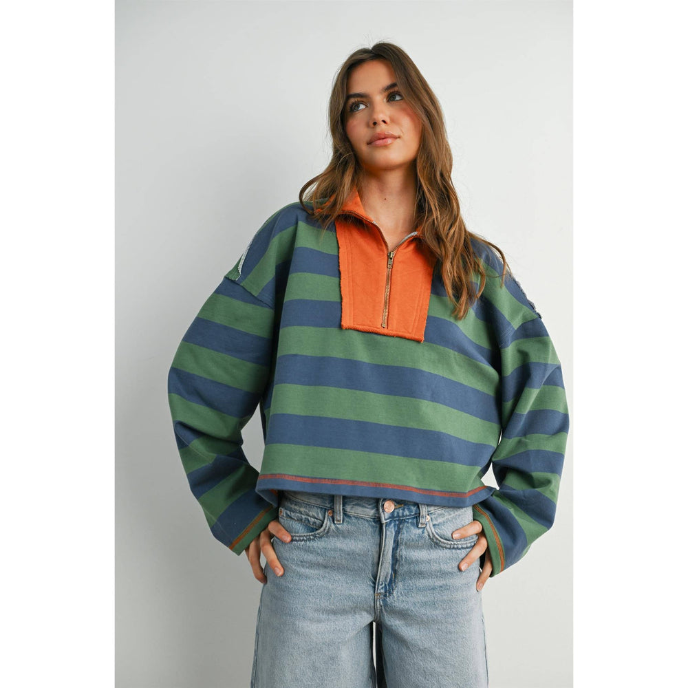 Striped Quarter-Zip Contrast Collar Sweatshirt