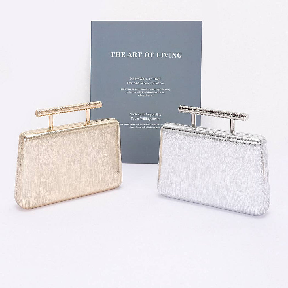 Metal Handle Top Case Clutch: Gold