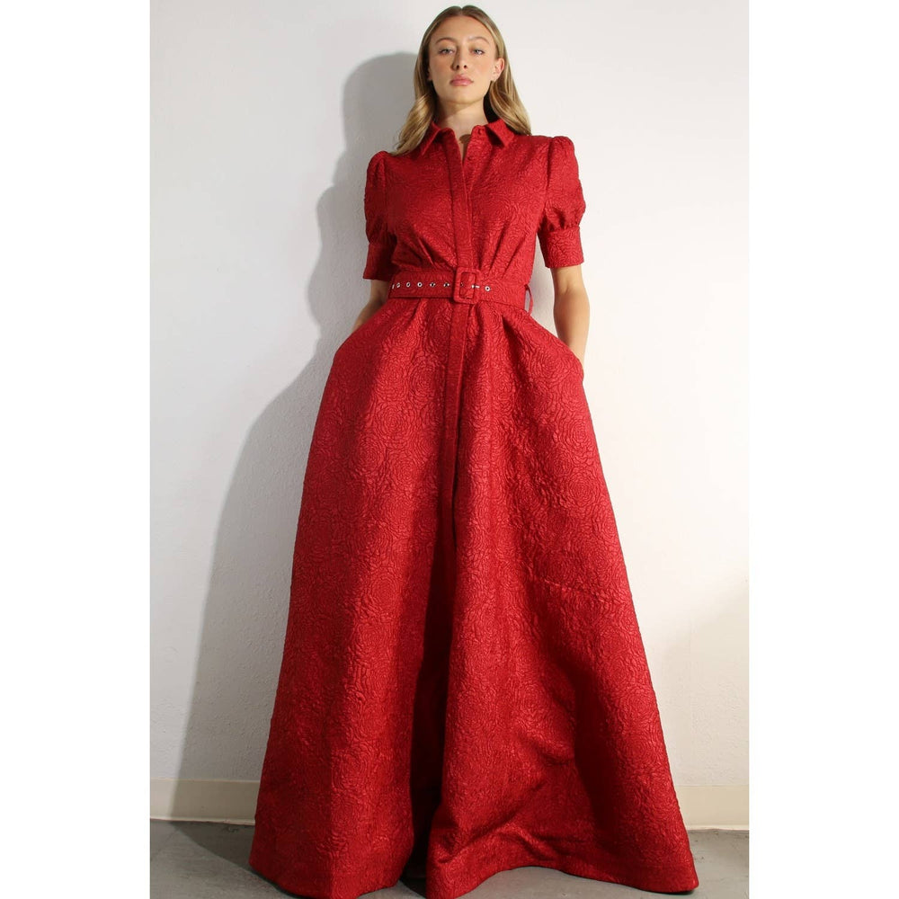 Rose Embossed Belted Maxi Dress