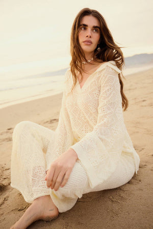 Geometric Crochet-Knit V-Neck Bell-Sleeve Sweater