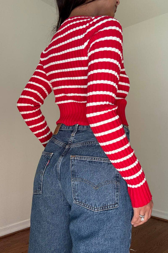 Candy Stripe Knit Keyhole Button Sweater