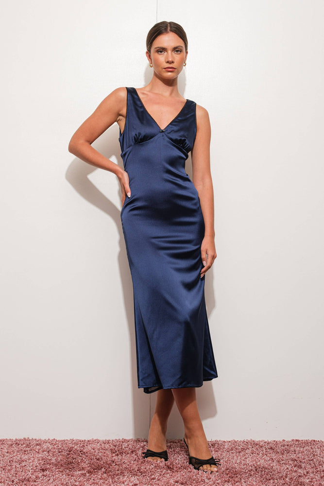 Navy Satin Midi Dress