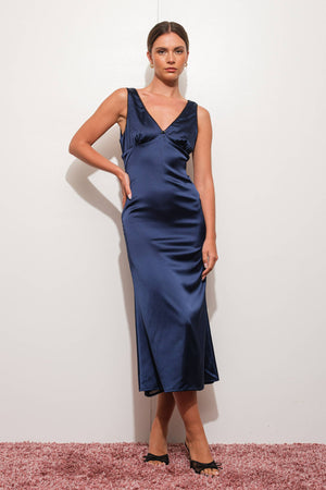 Navy Satin Midi Dress